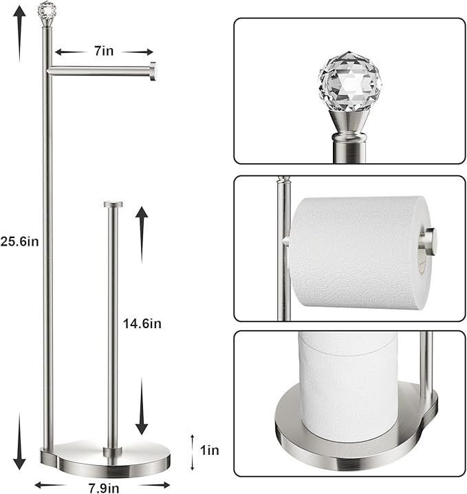 KASUNTO Toilet Paper Holder for Bathroom, Heavy Weighted Metal Free Standing Toilet Paper Storage with Crystal Ball, Toilet Paper Stand for Bathroom Accessories, Brushed Nickel [Holds MEGA Rolls]