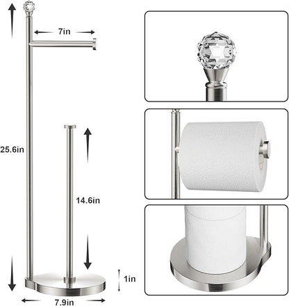 KASUNTO Toilet Paper Holder for Bathroom, Heavy Weighted Metal Free Standing Toilet Paper Storage with Crystal Ball, Toilet Paper Stand for Bathroom Accessories, Brushed Nickel [Holds MEGA Rolls]