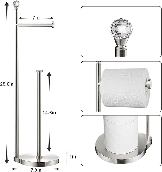KASUNTO Toilet Paper Holder for Bathroom, Heavy Weighted Metal Free Standing Toilet Paper Storage with Crystal Ball, Toilet Paper Stand for Bathroom Accessories, Brushed Nickel [Holds MEGA Rolls]