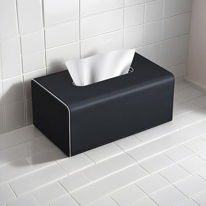 KINGFOM Tissue Box Cover, PU Leather Rectangular Tissue Box Holder with Magnetic Bottom Cover for Facial Tissues/Napkins, Office & Living Room Decor Box (Black)