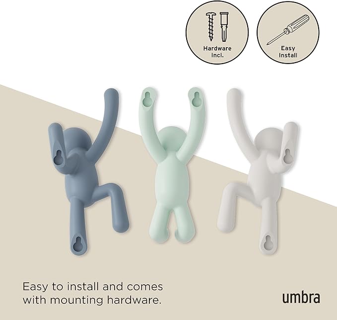 Umbra Buddy Wall Hooks – Decorative Wall Mounted Coat Hooks for Hanging Coats, Scarves, Bags, Purses, Backpacks, Towels and More, Set of 3, White/Grey/Mint