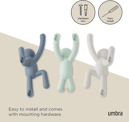 Umbra Buddy Wall Hooks – Decorative Wall Mounted Coat Hooks for Hanging Coats, Scarves, Bags, Purses, Backpacks, Towels and More, Set of 3, White/Grey/Mint
