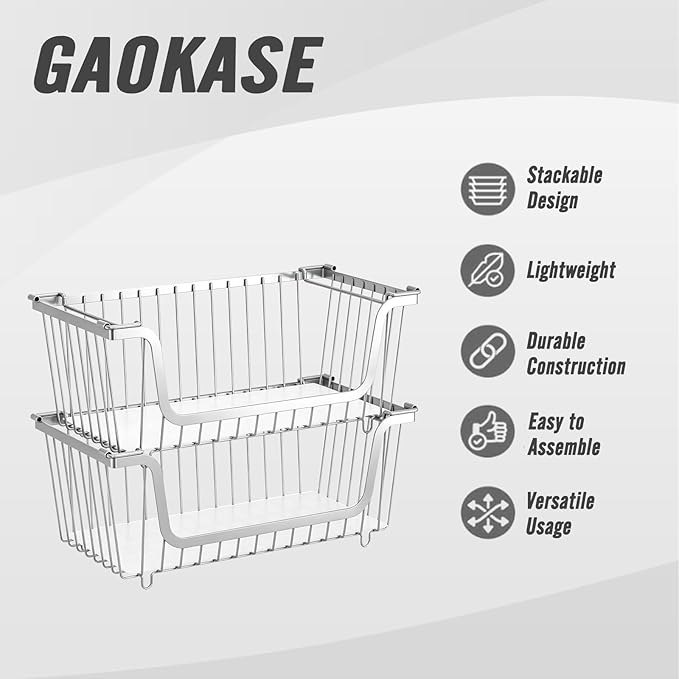 GAOKASE 4 Pcs Stackable Wire Baskets for Pantry Organizers and Storage,Vegetable Fruit Basket for Countertop,Kitchen Storage Metal Baskets,Produce Potato Onion Storage Bin,silver
