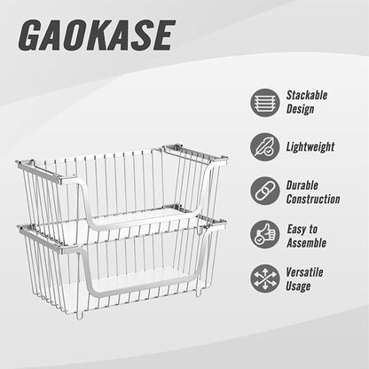 GAOKASE 4 Pcs Stackable Wire Baskets for Pantry Organizers and Storage,Vegetable Fruit Basket for Countertop,Kitchen Storage Metal Baskets,Produce Potato Onion Storage Bin,silver
