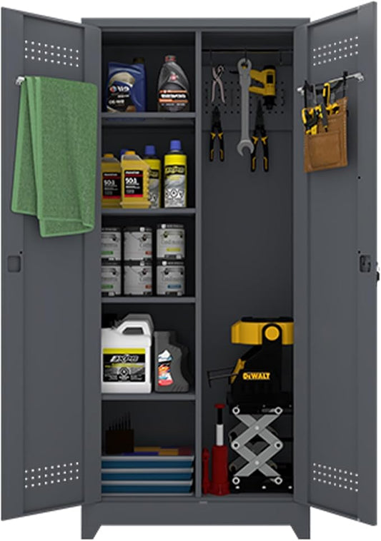 72.8" H Storage Cabinets,Broom Closet Storage Cabinet with Adjustable Shelves,Metal Lockable Storage Cabinet with Locking Doors,Tall Utility Cabinets for Garage,Laundry,Office,Grey