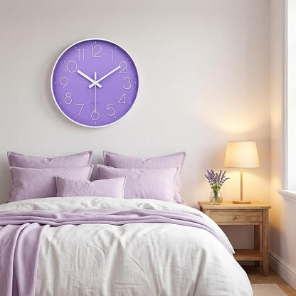 jomparis Purple Wall Clock 12 Inches Silent Quartz Wall Clock Lavender Decor for Girls Bedroom, Nursery