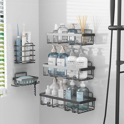 5 Pack Shower Caddy Organizer Rack Shelf for Inside Shower, Self Adhesive Bathroom Wall Storage Basket Rustproof Stainless Steel Large Capacity Shampoo Holder, Dark Grey