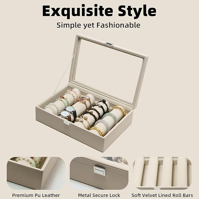 Bracelets Organizer Rods Bangles Display Holder, Clear See through Lid Leather Velvet Jewelry Storage Box Case for Women, 4 Rods Apricot Leather