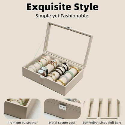 Bracelets Organizer Rods Bangles Display Holder, Clear See through Lid Leather Velvet Jewelry Storage Box Case for Women, 4 Rods Apricot Leather