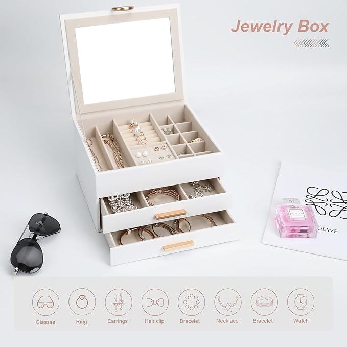 Elegant Jewelry Storage Box with Mirror 3-Tier Design with Smooth-Gliding Drawers Jewelry Organizer Perfect Christmas Birthday Gift for Wife Mom Women White