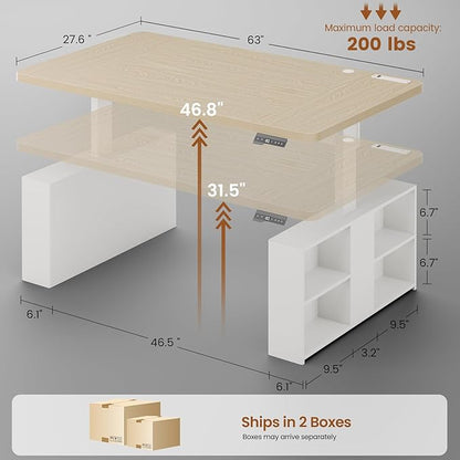 SEDETA 63" Executive Standing Desk with Storage, Executive Height Adjustable Desk with Power Outlets, Large Computer Office Desk with Privacy Panel for Home Office, Natural Oak
