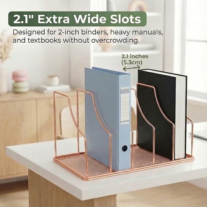 Rose Gold Binder Organizer for Desk, 5 Slot Metal Wire Vertical File Sorter with Mesh Bottom, Desktop Magazine Holder Rack for 2 Inch Binders, Medical Coding Books, Vinyl Records, 12.1"