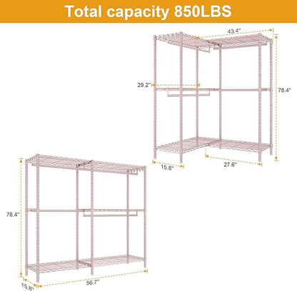E15 Garment Rack L Shaped Clothes Rack for Corner，Freestanding Clothing Racks for Hanging Clothes，Heavy Duty Closet Organizer with 4 Hanging Rods & 8 S Hooks，43.4" W x 15.8" D x 78.4" H，Pink
