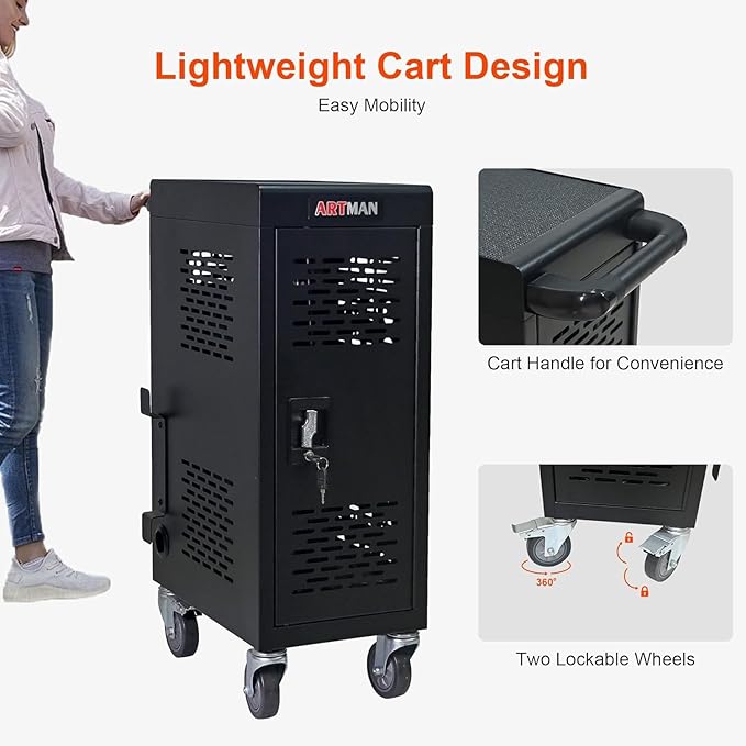 Aokleo 16 Devices Laptop Charging Cart,Tablet Storage Carts for pad Up to 16.3" Screen Size, Classroom Computer Mobile Charging Station for Pads, Chromebooks,Laptops, Security Storage(16 Bay-Black)