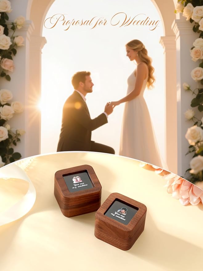 Custom4U Personalized Wooden Ring Box for Wedding Day Vintage Small Engagement Ring Holder for Proposal Custom Ring Bearer for Ceremony Jewelry Gift