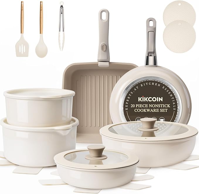 KIKCOIN Ceramic Cookware Set, 22 Pcs Nonstick Pots and Pans Set with Detachable Handles, Non Toxic Kitchen Cooking Set with Removable Handles, Induction/Dishwasher/Oven Safe, Ollas de Cocina