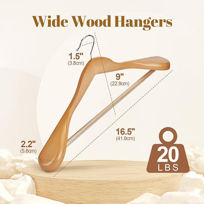 HOUSE DAY Wooden Suit Hangers 6 Pack，Heavy Duty Wide Shoulder Wooden Hangers, Solid Wood Coat Hanger with Non-Slip Pant Bar for Petite Adults, Teens and Small Suits, Coats, Jackets (Natural，16.5'')