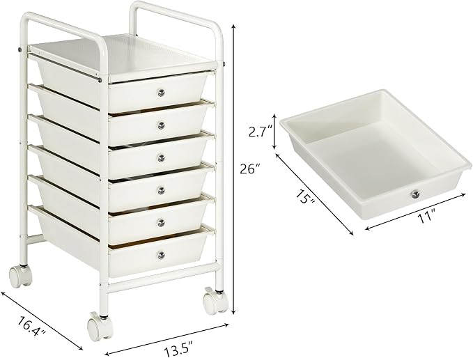 6-Tier Utility Cart with 6 Drawers, Rolling Utility Cart with 2 Lockable Caster Wheels, Multipurpose Mobile Rolling Drawer Cart for Office Bathroom Kitchen, Ivory White