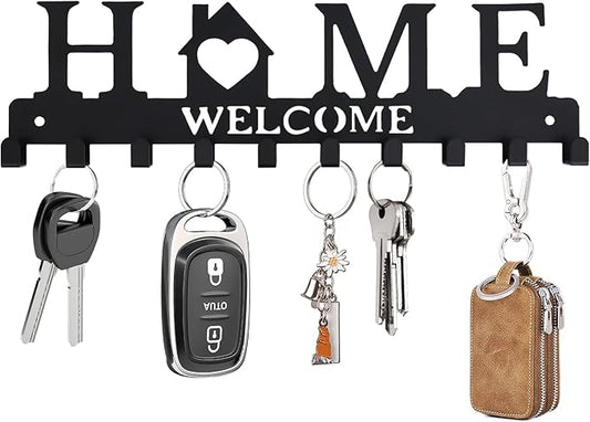 Key Holder Wall Mount, Metal Adhesive Key Hanger with 10 Hooks, 2 Installation Methods, Black