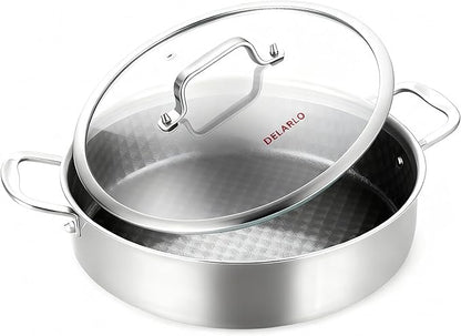 DELARLO Saute Pan 8QT, Frying Pan Nonstick with Lid, Tri-ply Stainless Steel Skillet, Large Braiser Induction, Everyday Pans, Heavy Duty Style, Compatible with All Cooktops Up to 660℉