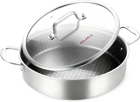 DELARLO Saute Pan 8QT, Frying Pan Nonstick with Lid, Tri-ply Stainless Steel Skillet, Large Braiser Induction, Everyday Pans, Heavy Duty Style, Compatible with All Cooktops Up to 660℉