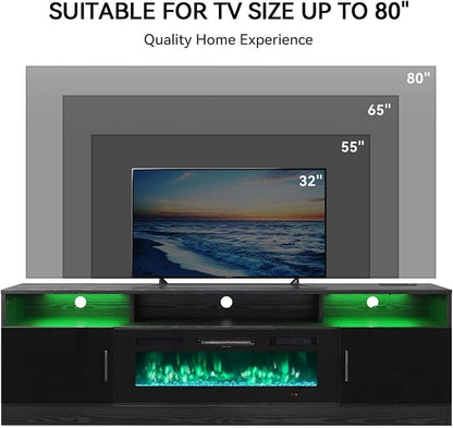 MXV 70" Fireplace TV Stand with Power Outlet for TVs UP to 80", Electric Fireplace Entertainment Center with LED Lights & Storage Cabinets, TV Console for Living Room, Office, Black-Black
