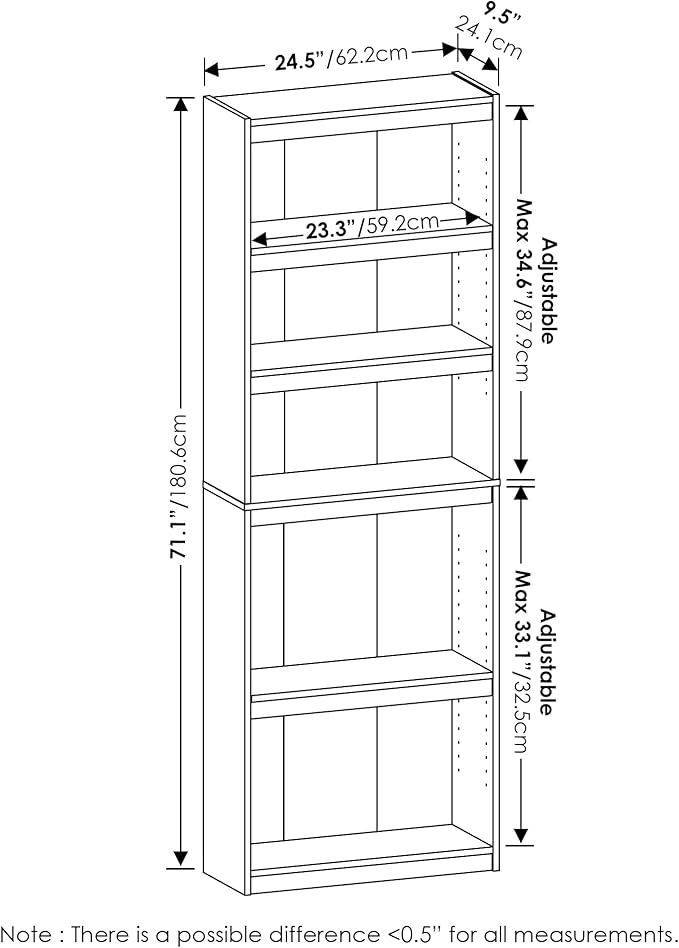 Furinno JAYA Book Shelf, 5-Tier Bookshelf, Enhanced Home Bookcase with Adjustable shelf, 9.5" x 24.5" x 71.1", for Organization and Storage, for Living Room, Bedroom, Home Office, Amber Pine