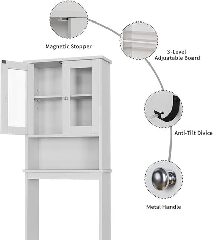 Shintenchi Over the Toilet Storage Cabinet, Bathroom Shelf Organizer with Anti-Tip Device Small Freestanding Space Saver with Adjustable Shelf and Glass Door, White