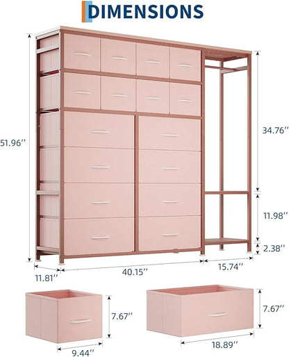 GarveeHome Dresser with 16 Drawers & Hanging Rod & Shelves, Fabric Storage Organizer for Bedroom, Closet, or Entryway