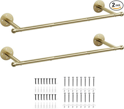 OROPY Industrial Pipe Clothing Rack Set of 2, Wall Mounted Clothes Rack, Closet Rods For Hanging Clothes, 33" Multi-purpose Hanging Rod for Laundry Room, Bedroom and Closet Storage, Gold