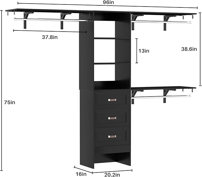 8FT Closet System with 3 Curved Drawers, 96'' Wooden Walk-in Closet Organizer with 3 Top Shelves, Adjustable Organizer System with 3 Hanging Rods, Built-in Wardrobe Storage Rack for 4-8 ft, Black