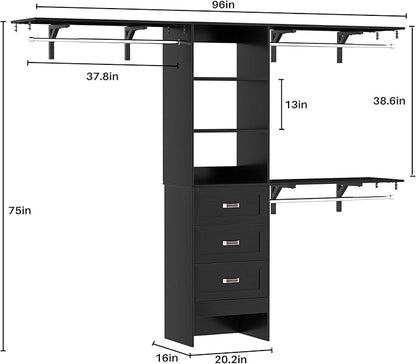 8FT Closet System with 3 Curved Drawers, 96'' Wooden Walk-in Closet Organizer with 3 Top Shelves, Adjustable Organizer System with 3 Hanging Rods, Built-in Wardrobe Storage Rack for 4-8 ft, Black
