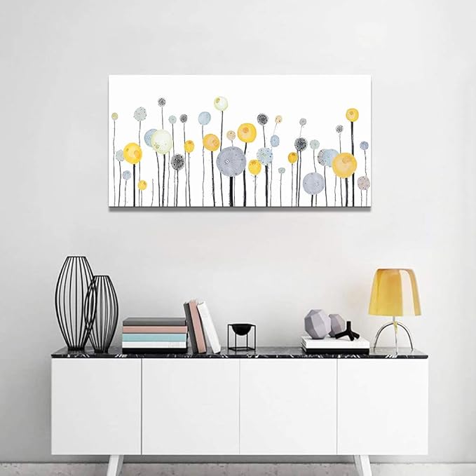 MHARTK66 Canvas Wall Art Abstract Dandelion Modern Minimalist Wall Decor – Neutral Yellow Gray Watercolor Paintings Stretched Ready to Hang Pictures for Living Room Bedroom Bathroom Home Office