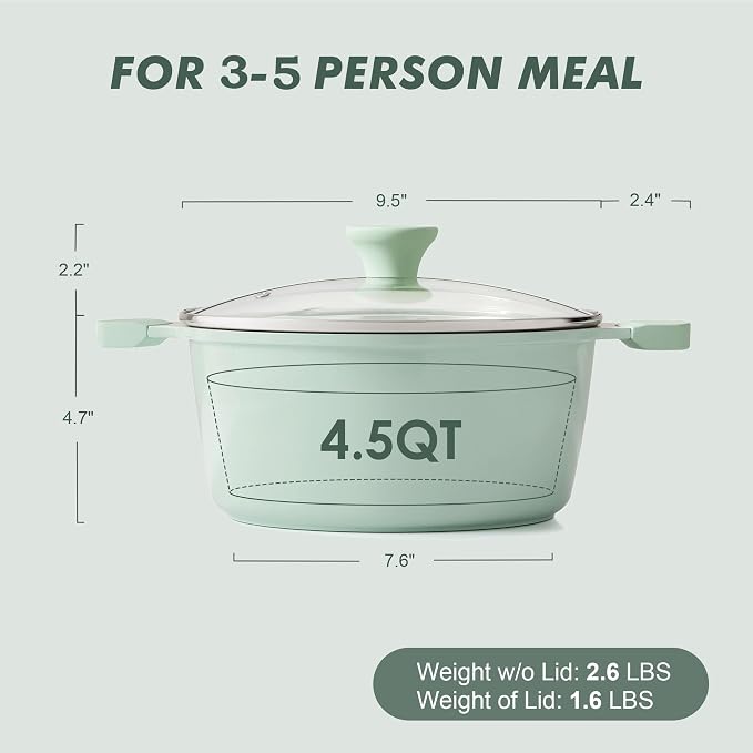 SENSARTE Ceramic Nonstick Stock Pot with Lid, 4.5 Quart Induction Cooking Pot with Tempered Glass Lid, Stew Pot for Soup and Oatmeal, Pasta Casserole, PFOA PFAS PTFE Free, Green