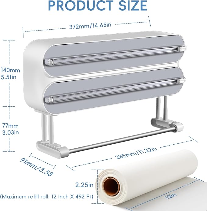 Magnetic Plastic Wrap Dispenser with Cutter,3 in 1 Aluminum Foil and Plastic wrap Organizer with Paper,Wall Mount Kitchen Wrap Dispenser - Fits 12" Roll, White (Wooden)