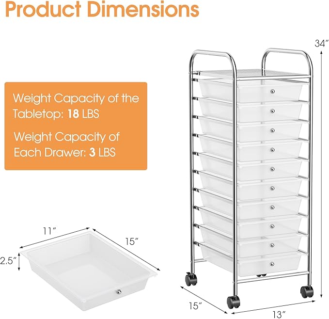 RELAX4LIFE Storage Cart W/10 Drawers,Rolling Wheels Semi-Transparent Multipurpose Mobile Cart for School, Office, Home, Beauty Salon Files Arrangement Storage Organizer Cart (Clear)