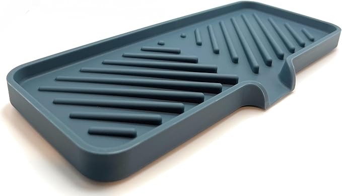 Happitasa Silicone Soap Dish Tray and Sponge Holder with Drain Chute and Feet | 3-Way Sloped Design | Bathroom and Kitchen Sink Organizer Caddy (Smoky Blue, 10"x4")