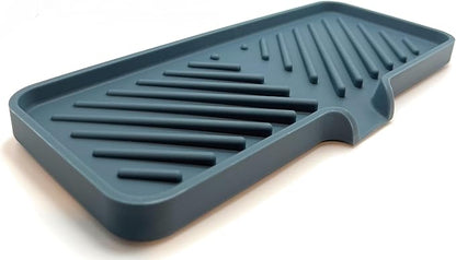 Happitasa Silicone Soap Dish Tray and Sponge Holder with Drain Chute and Feet | 3-Way Sloped Design | Bathroom and Kitchen Sink Organizer Caddy (Smoky Blue, 10"x4")