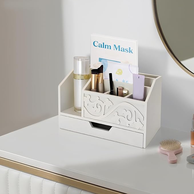 White Wooden Mail Organizer with Drawer, Three Tiered Desk Accessories for Office Organization and Storage, Stylish Countertop Document Storage, Home/Office/Classroom Supplies (White02)