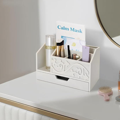 White Wooden Mail Organizer with Drawer, Three Tiered Desk Accessories for Office Organization and Storage, Stylish Countertop Document Storage, Home/Office/Classroom Supplies (White02)