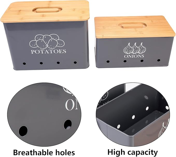 Potato and Onion Storage Bin Set of 2, Vented Metal Vegetable Storage with Wooden Lids, Farmhouse Kitchen Canisters for Countertop Pantry Organizer, Potato Bin Onion Holder for Produce Storage, Grey