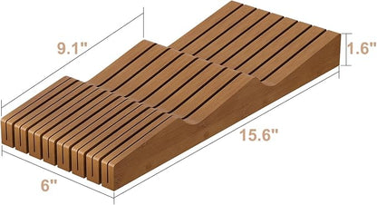 In-Drawer Knife Block Organizer - Bamboo Wood Drawer Knife Organizer-Protecting Knife Organizer Block (Not Included) (Brown, 15 Knives Dock)