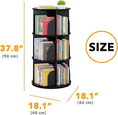 SpaceAid 3 Tier Rotating Bookshelf Tower, Spinning Bookcase Lazy Susan, Revolving 360 Book Shelf Storage Round Carousel, Vertical Rotate Turning Spiral Corner Organizer, Black