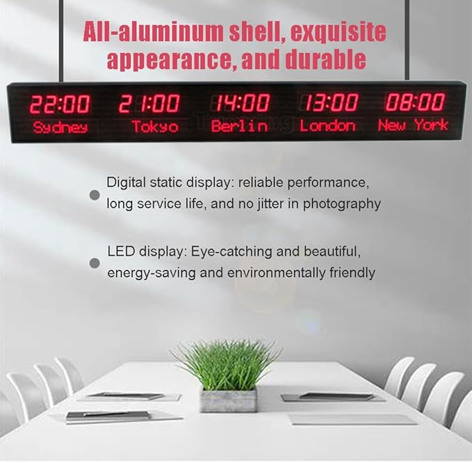 LED World Clock 5 Time Zones - WiFi Auto-Sync Digital Wall Clock with 3-Level Brightness, Ultra-Clear Wide Viewing Angle, All-Aluminum Housing for Multinational Enterprises, Hotels & Offices