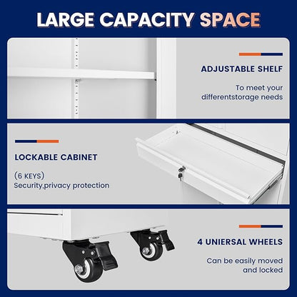 Yizosh Metal Garage Storage Cabinet with Locking Doors and Adjustable Shelves, 73" Rolling Tool Storage Cabinet with 4 Wheels and 1 Drawer for Garage,Warehouse
