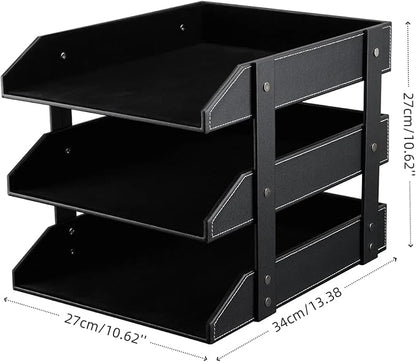 KINGFOM Letter Tray, Leather Paper Organizer Tray, Wooden Desk File Holder, Desktop File, Stackable Magazine Holder, Mail Sorter, Great for Home or Office - 3 Level Black