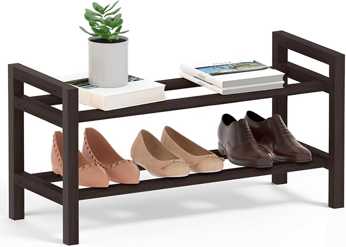 Haddockway Bamboo Shoe Rack for Closet, Free Standing Shoe Organizer with Smooth Round Rods & Convenient Handles, Stackable Shoe Storage Shelf for Entryway, Hallway(Brown, 2-Tier(Small))