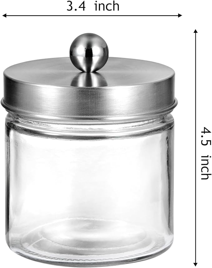 SheeChung 2-Pack Brushed Nickel Mason Jar Qtip Holder - Glass Apothecary Jars Bathroom Organizer - Rust-Proof Stainless Steel Lid for Cotton Swabs, Balls, Pads, Flossers - Modern Farmhouse Decor