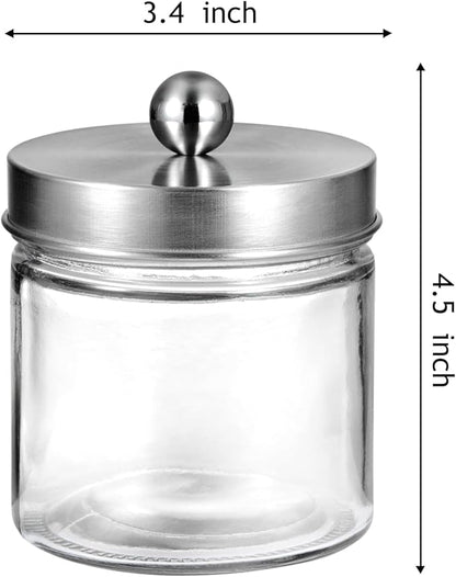 SheeChung 2-Pack Brushed Nickel Mason Jar Qtip Holder - Glass Apothecary Jars Bathroom Organizer - Rust-Proof Stainless Steel Lid for Cotton Swabs, Balls, Pads, Flossers - Modern Farmhouse Decor