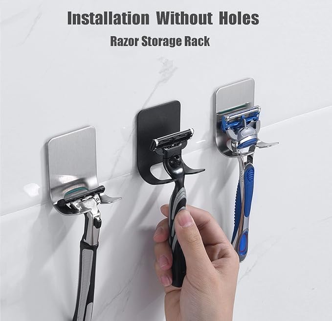 8 Pack Adhesive Hooks, 4 Pack Razor Holder for Shower and 4 Heavy Duty Waterproof Sticky Hooks for Hanging Towels, Loofah, Coat, Hat (Silver)
